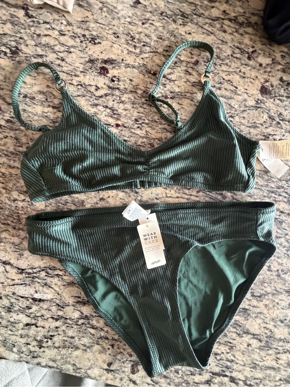 NWT aerie (M) Shine Ribbed Bikini Set Dark Green - Picture 2 of 7